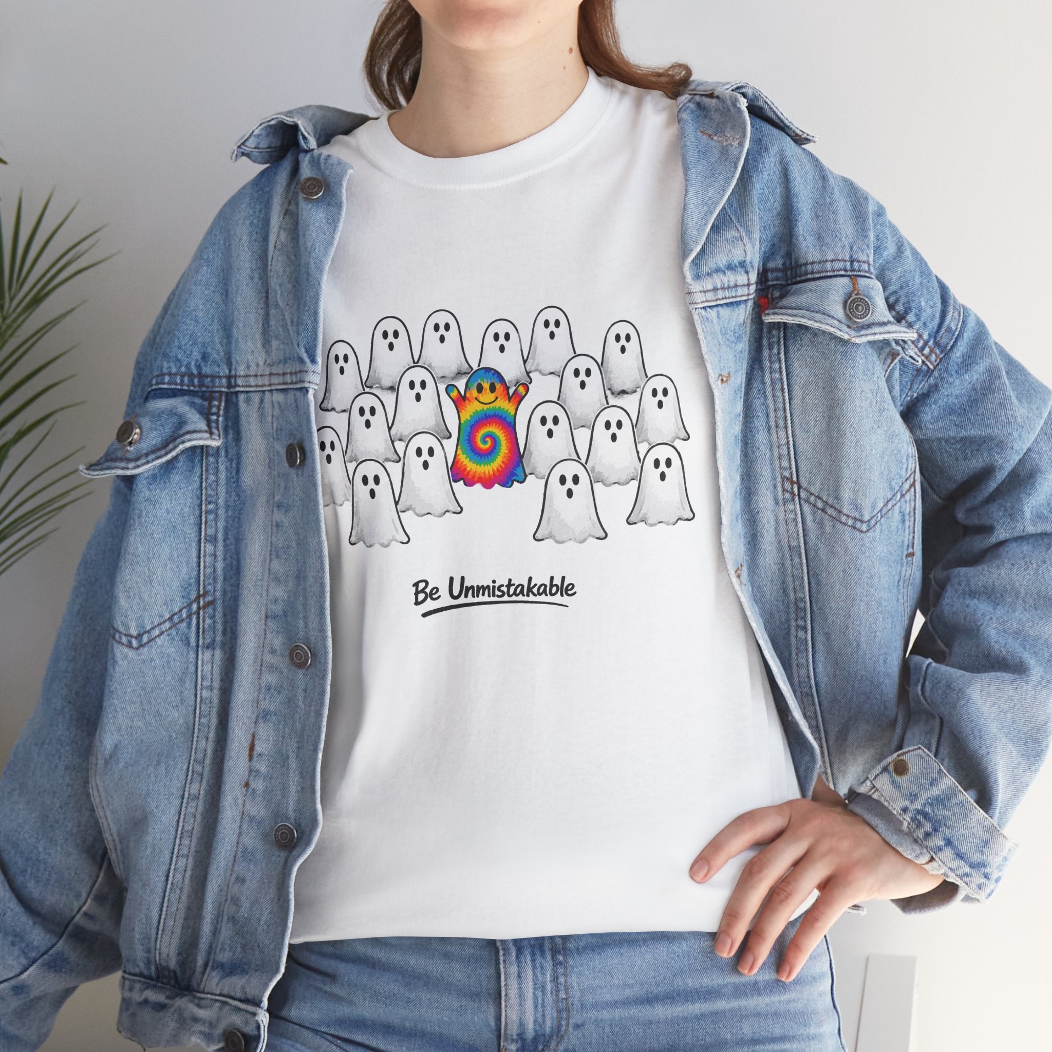 Tie Dye Ghost Shirt | Be Unmistakable Halloween T-Shirt | Colorful Fall Graphic Tee | Cute Positive Halloween Shirt