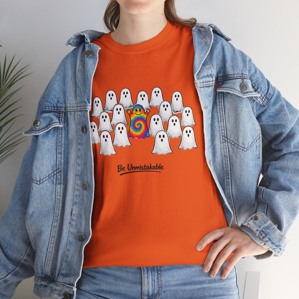 Tie Dye Ghost Shirt | Be Unmistakable Halloween T-Shirt | Colorful Fall Graphic Tee | Cute Positive Halloween Shirt